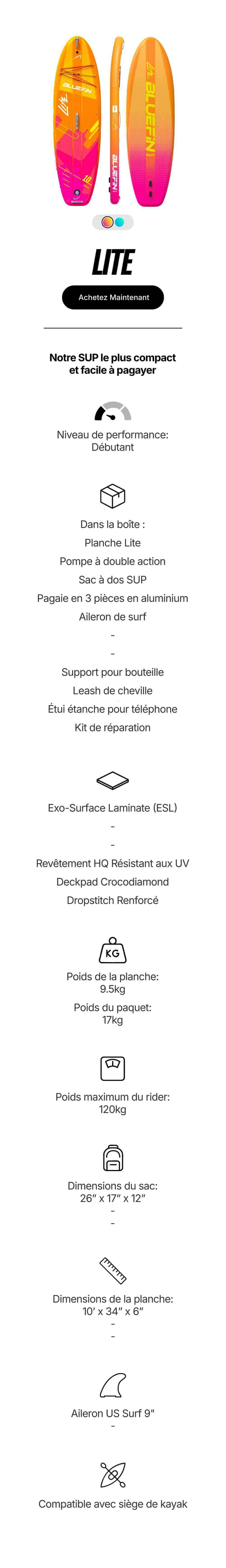 Inflatable paddleboard in orange and pink with textured deck pad, center fin, and carrying bag dimensions