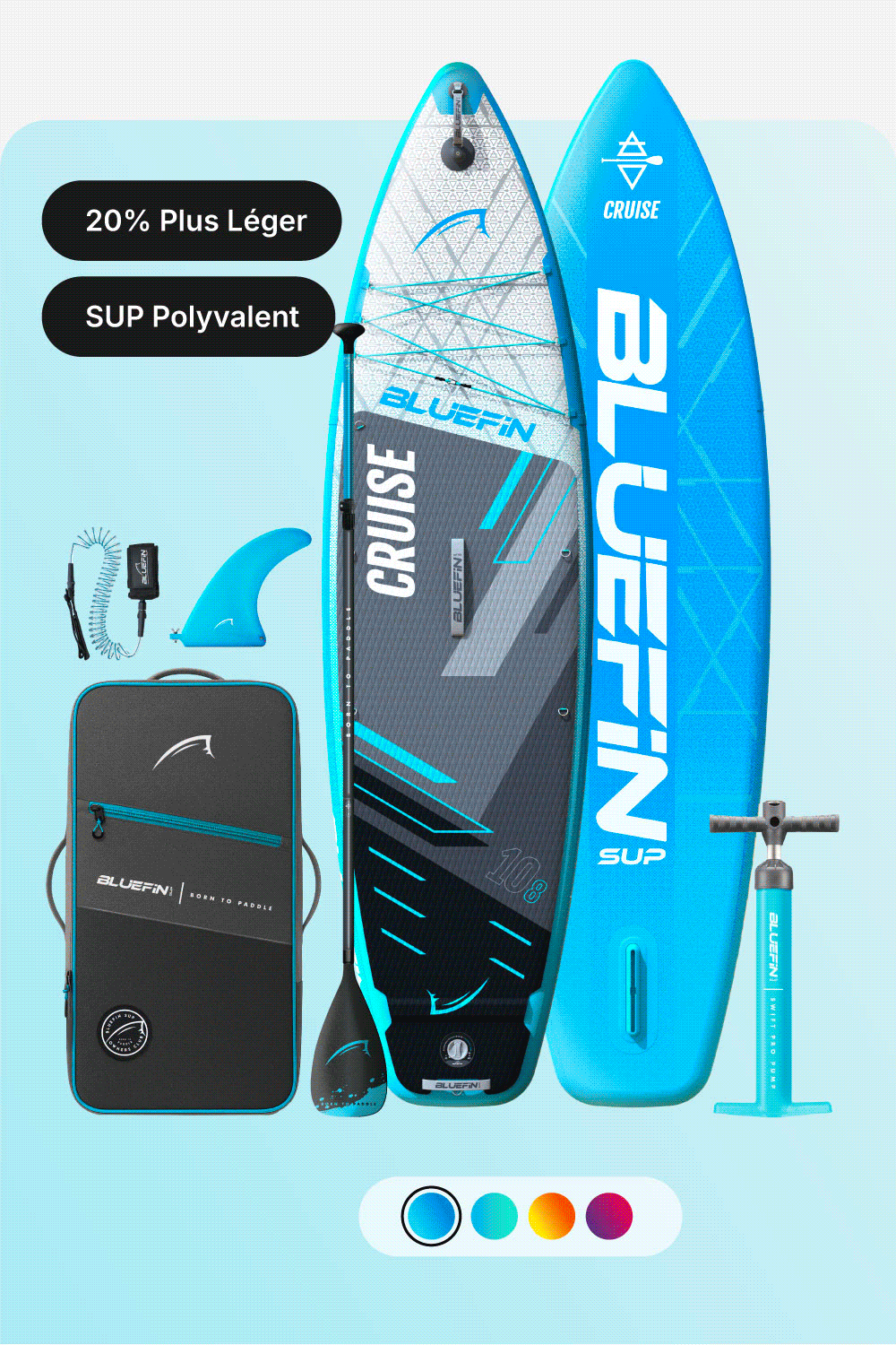 Inflatable Bluefin SUP with paddle, fin, pump, and carrying bag in blue and gray colors