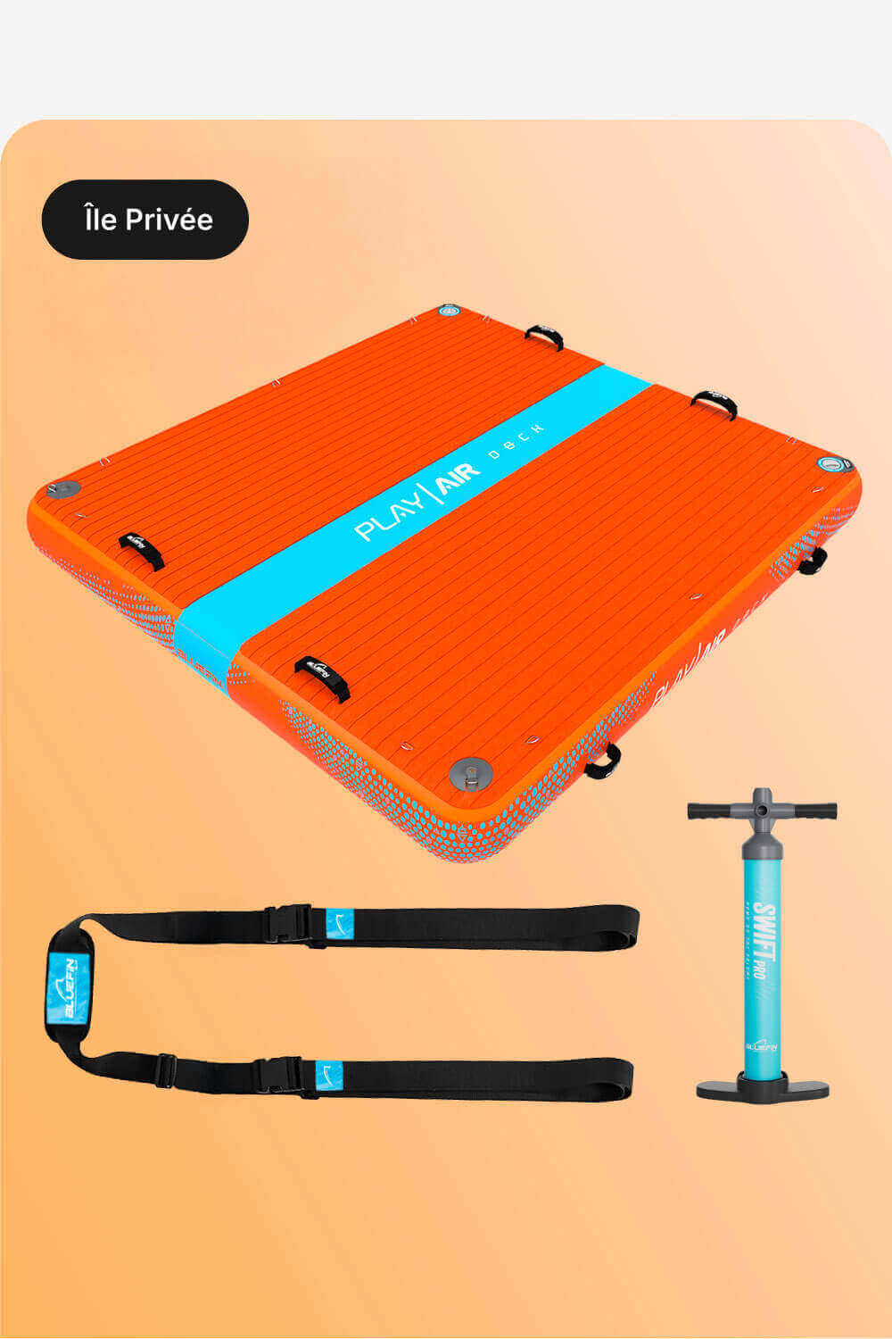 Orange inflatable paddleboard with blue stripe, pump, and two black straps for securing