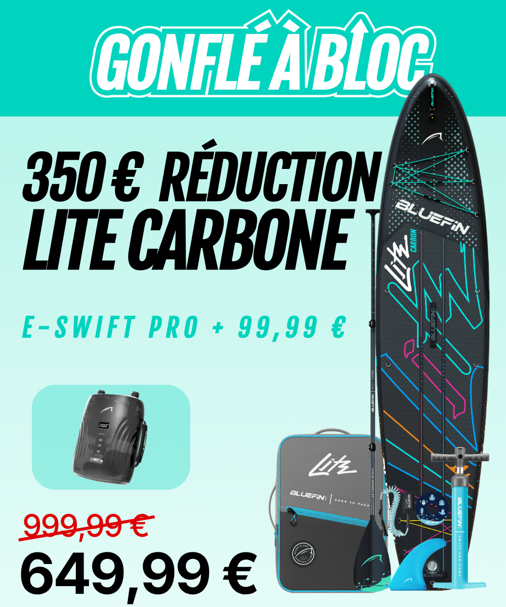 Visuel promotionnel du pack SUP gonflable Lite Carbone avec pompe et accessoires, réduit à 649,99 €