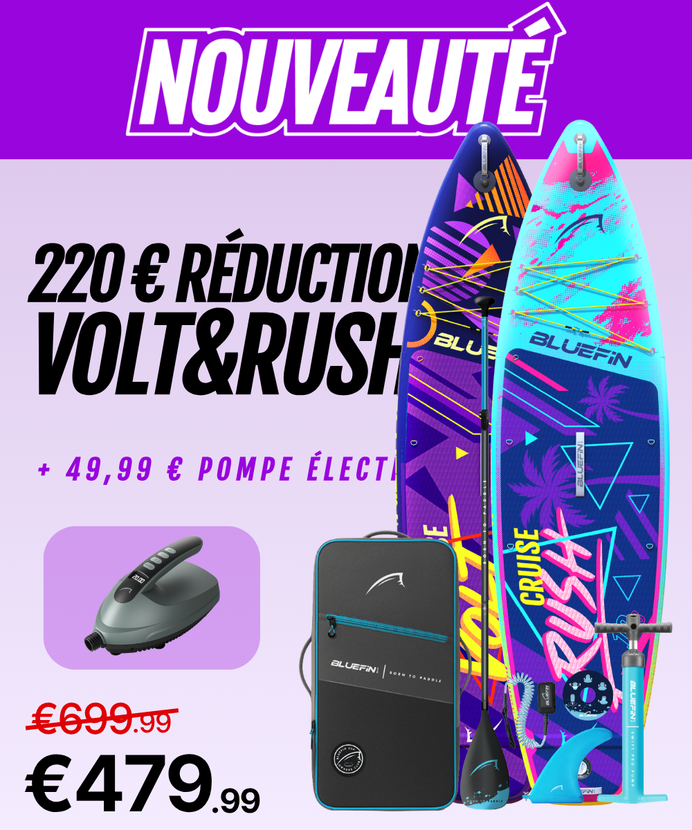 Two colorful inflatable paddleboards with a pump, bag, and accessories, priced at €479.99.