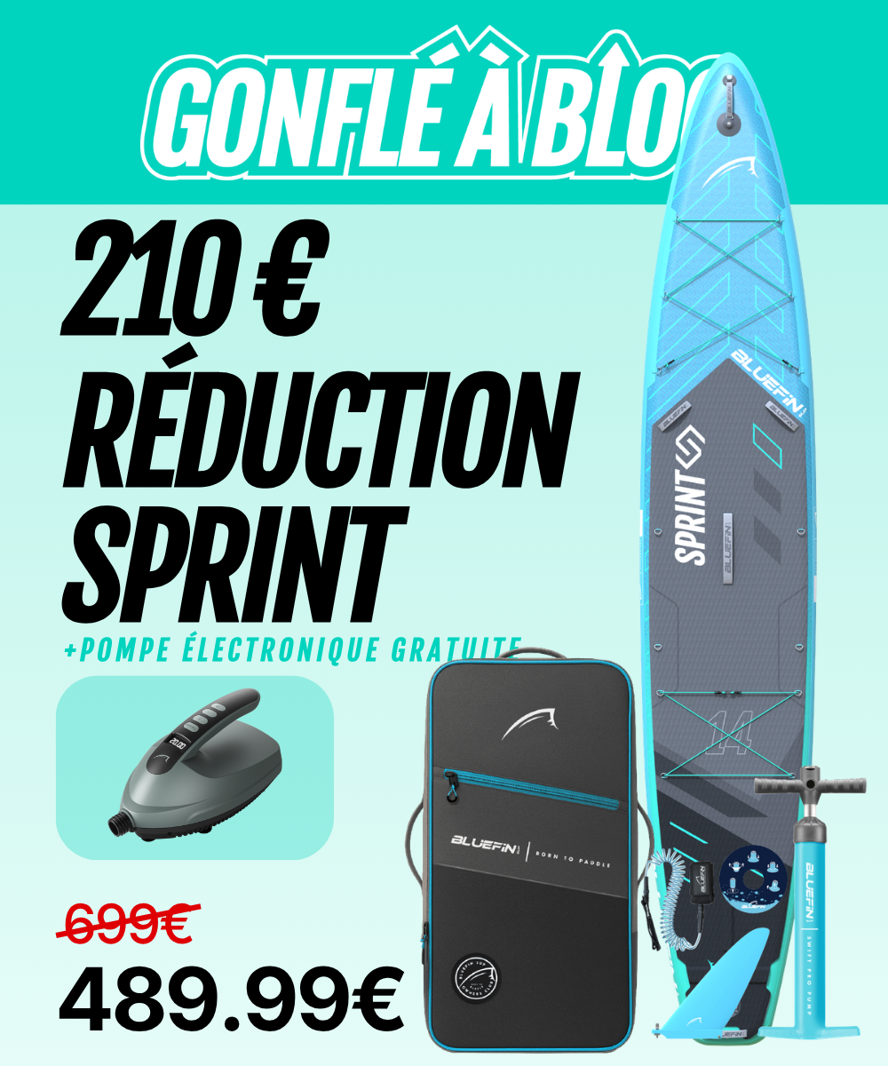 Inflatable paddleboard with center fin, pump, and carrying bag, showing price reduction and promotional text
