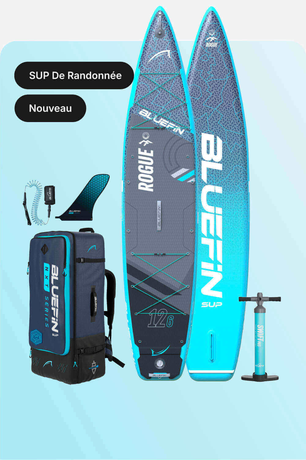 Inflatable paddleboard with blue and gray design, carrying backpack, fin, and pump for travel.