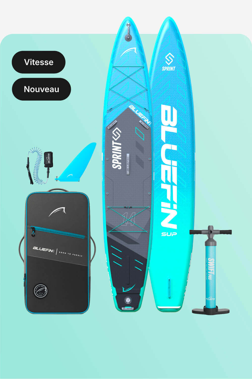Inflatable paddleboard in blue with center fin, carrying bag, pump, and accessories for travel.