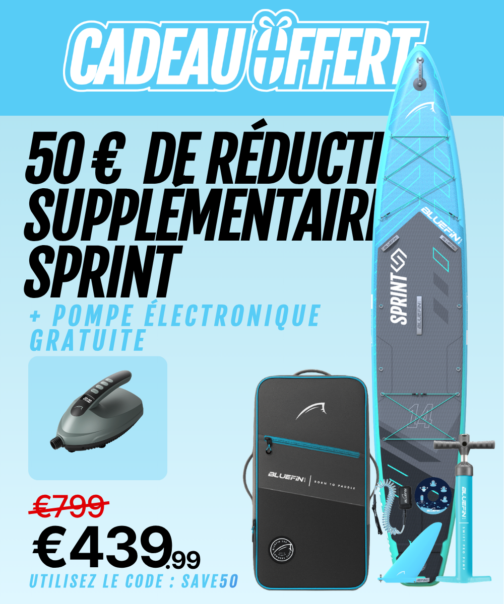 Promotional image featuring a Bluefin SUP board, an electronic pump, and a carrying bag with pricing details.