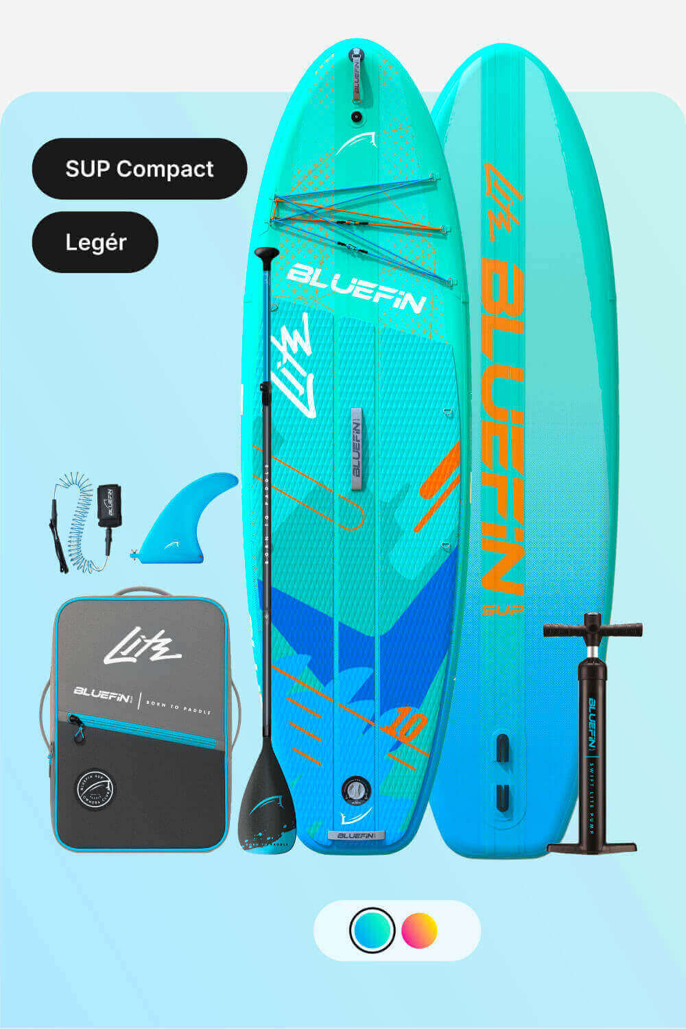 Inflatable paddleboard in turquoise with paddle, fin, pump, and carrying bag for easy transport