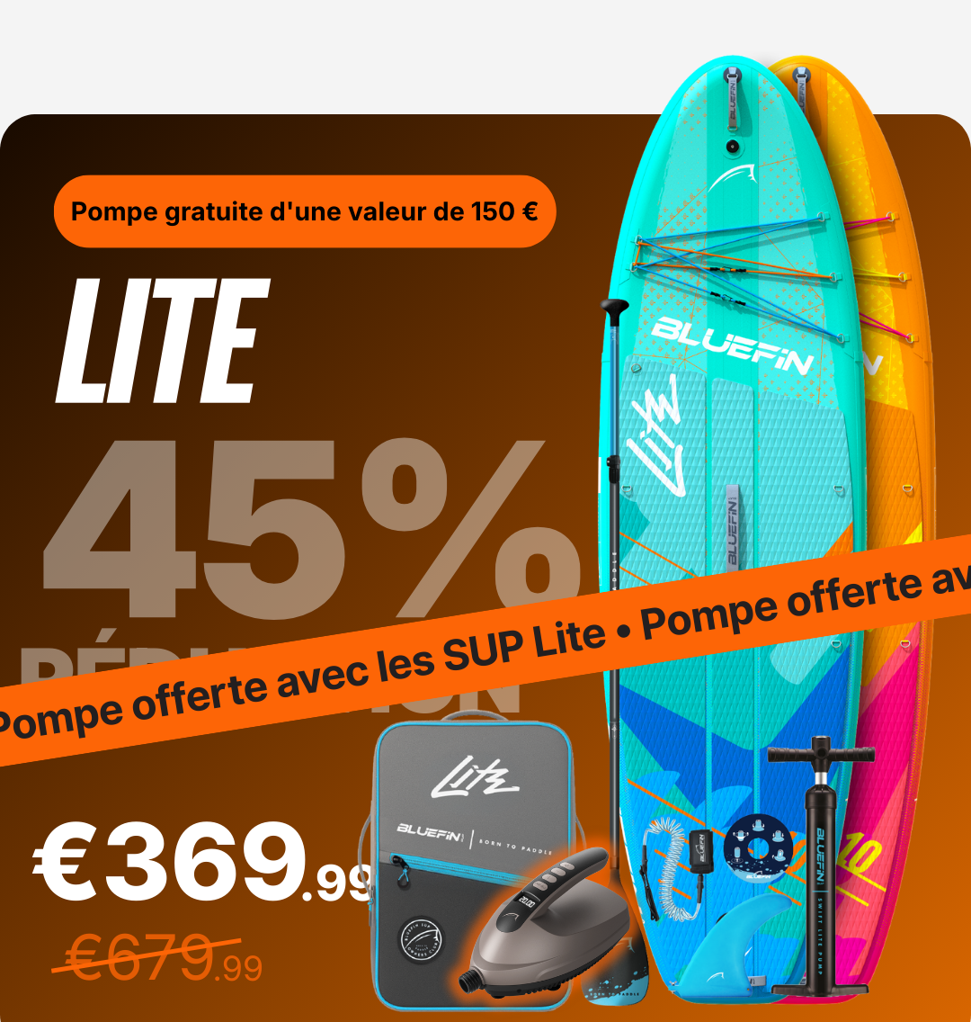 Two inflatable paddleboards in blue and orange with a pump and backpack, showing a 45% discount.