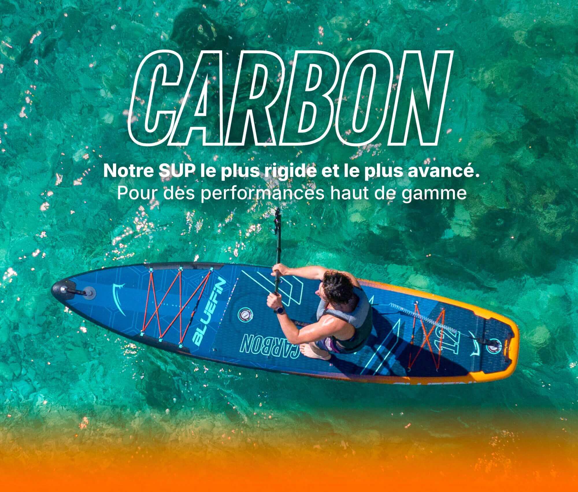 Inflatable paddleboard with blue design, person paddling on clear water, visible fin and valve