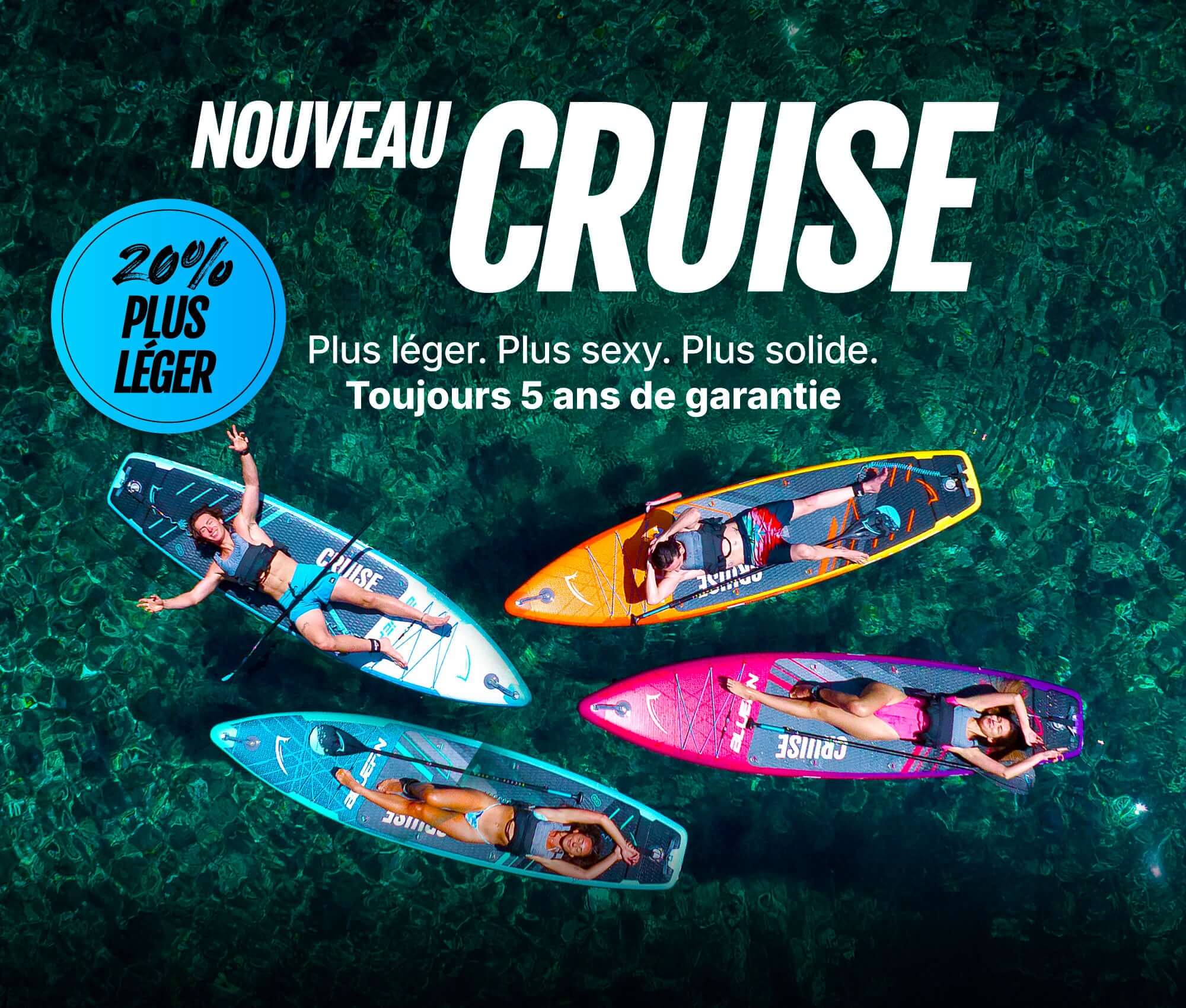 Four inflatable paddleboards in bright colors on clear water, with people relaxing on them.