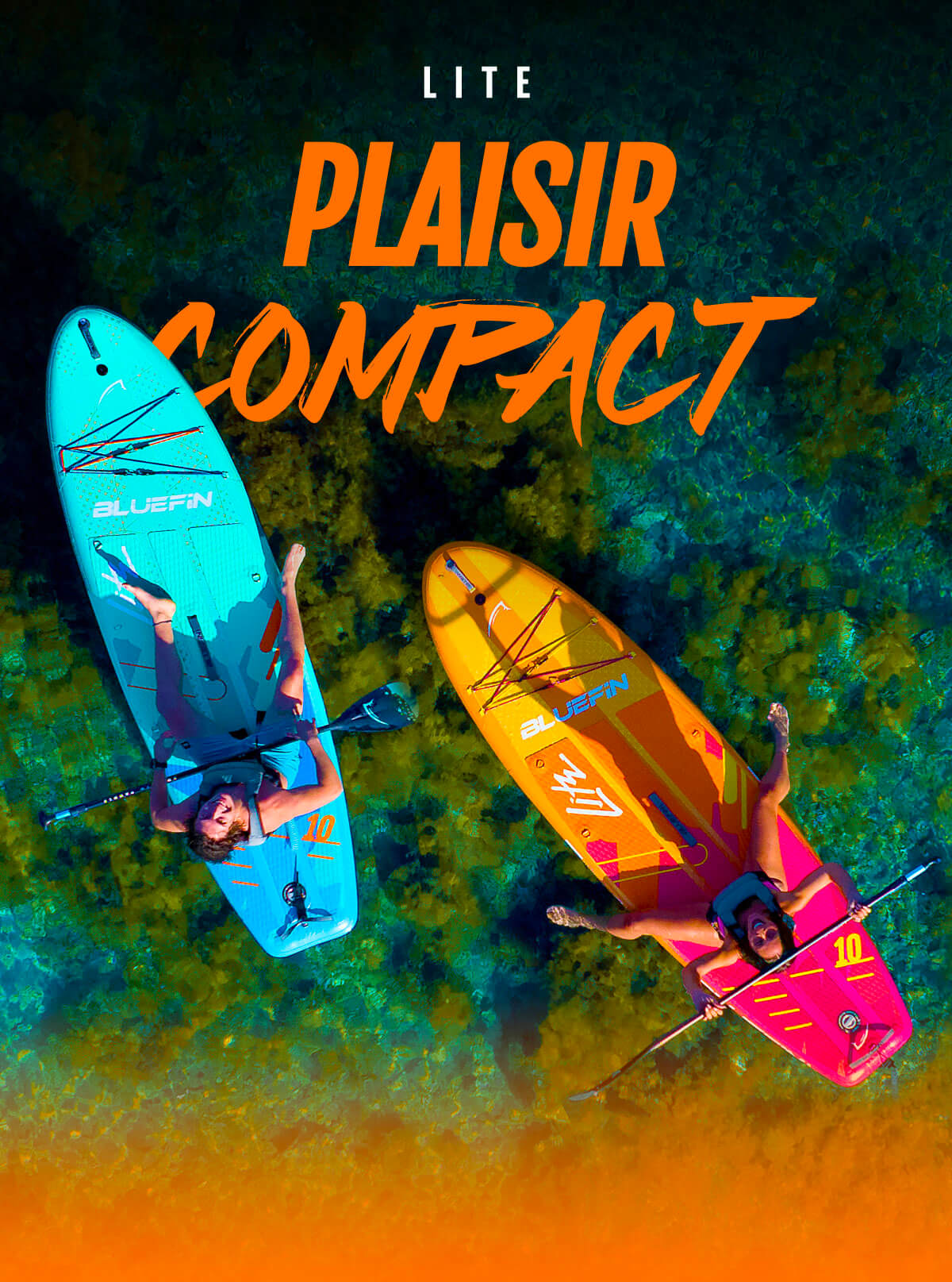 Two inflatable paddleboards in blue and orange colors, with paddlers lying on them in clear water.