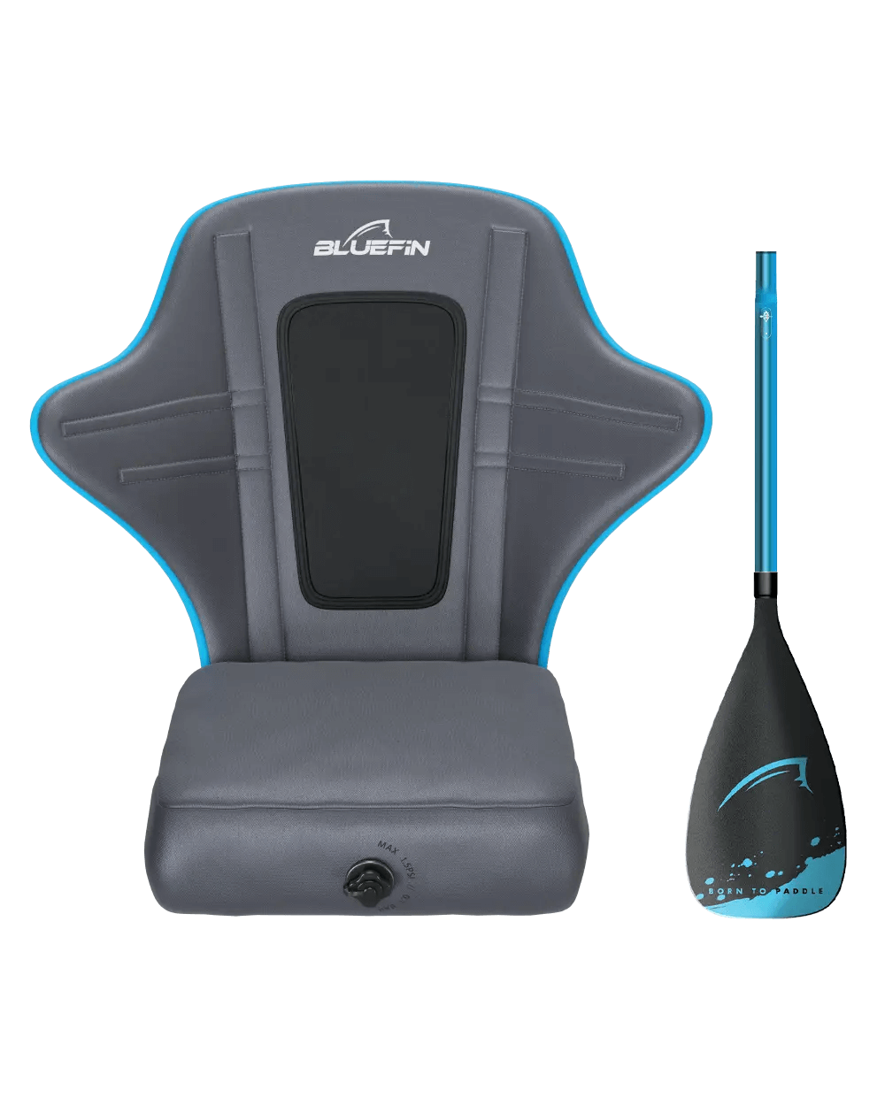 Gray padded seat with blue trim and adjustable straps next to a black and blue paddle