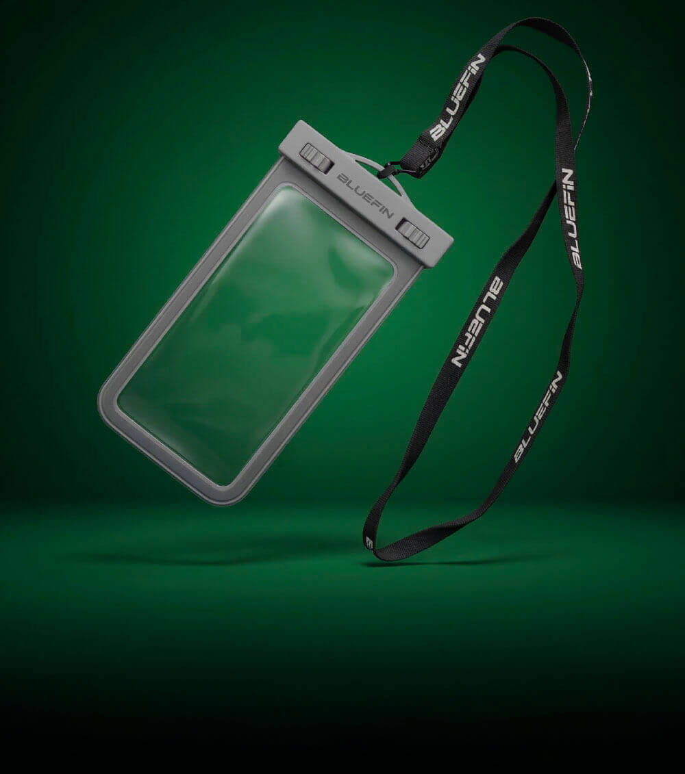 Gray waterproof phone pouch with lanyard, featuring a clear front and secure closure.