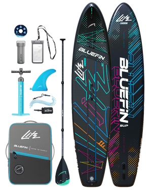 Kit de paddleboard gonflable Lite Carbon avec pagaie, pompe, aileron, leash, sac de transport et accessoires