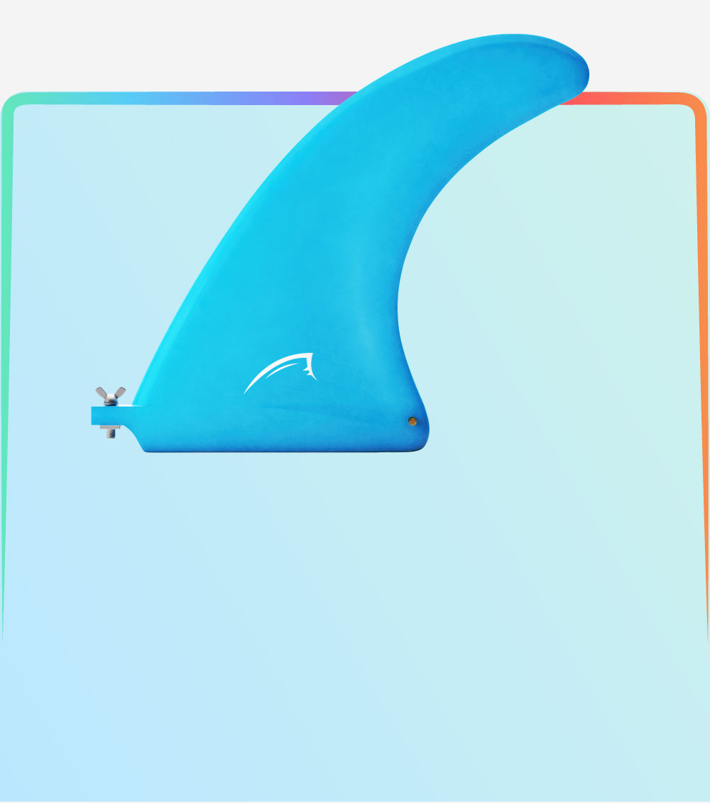 Blue surfboard fin with a logo, mounted on a colorful background.