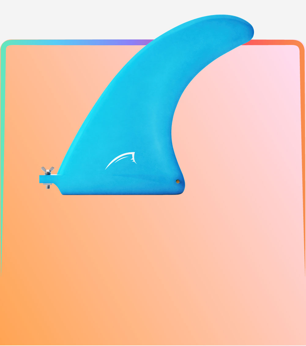 Blue surfboard fin with a logo, mounted on a colorful gradient background.