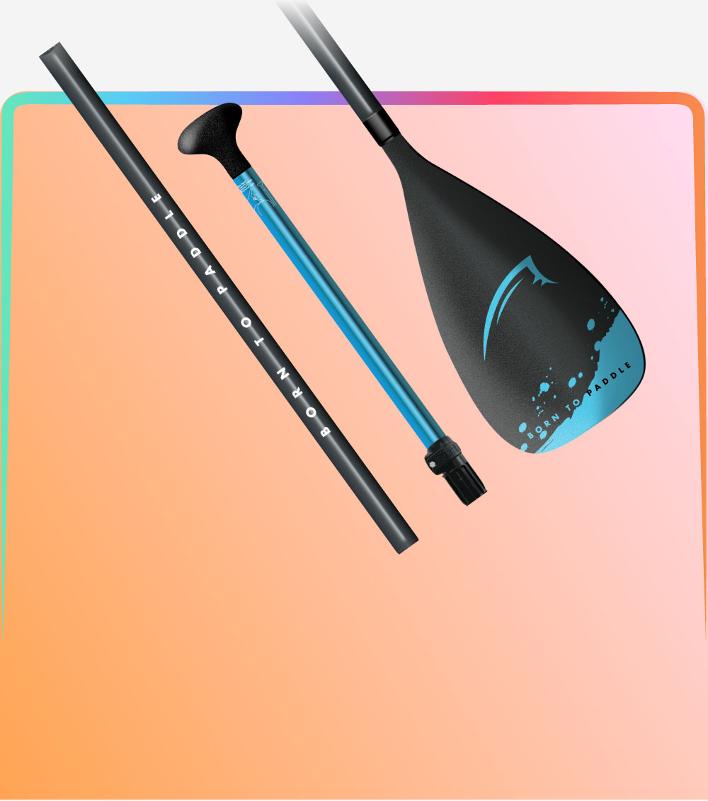 Three-piece paddle with black shaft, blue middle section, and black blade with blue accents