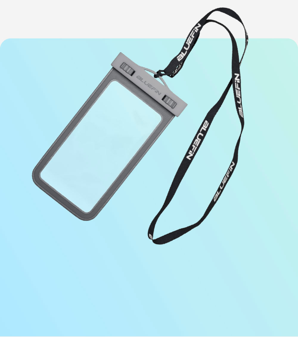 Waterproof phone pouch with gray frame and adjustable lanyard, suitable for outdoor activities
