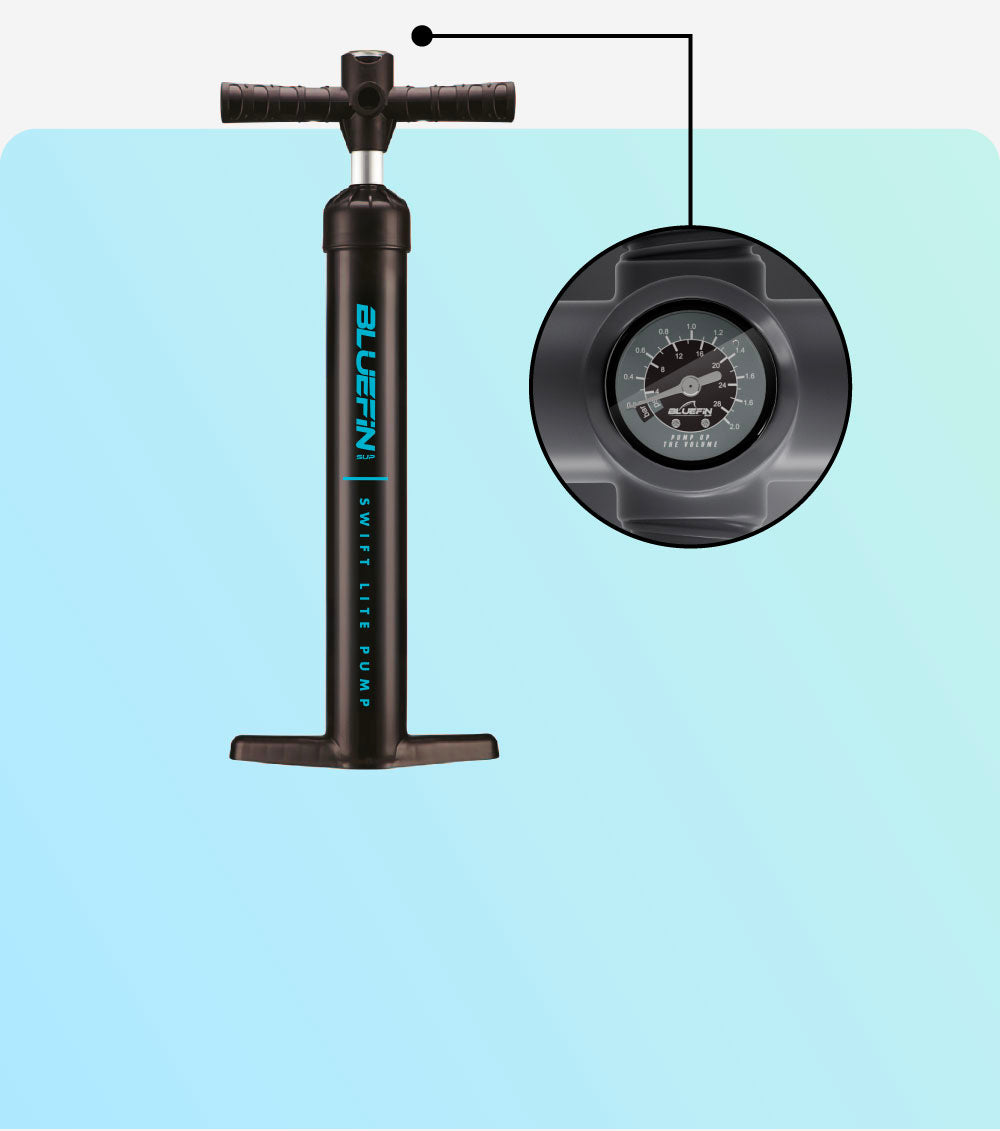 Black hand pump with T-handle and pressure gauge for inflating paddleboards