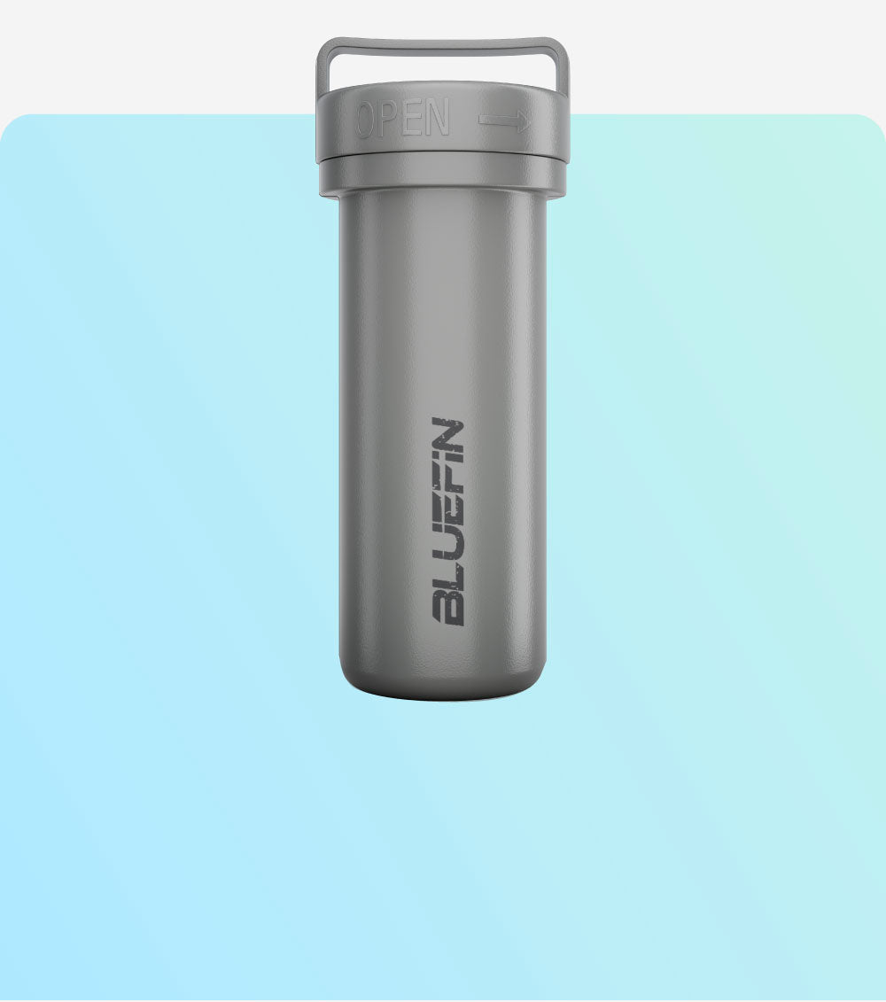 Gray waterproof container with a lid labeled 'OPEN' and Bluefin logo on the side