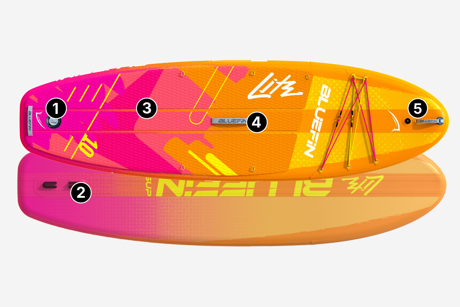Inflatable paddleboard in pink and orange with center fin, textured deck, and bungee storage system