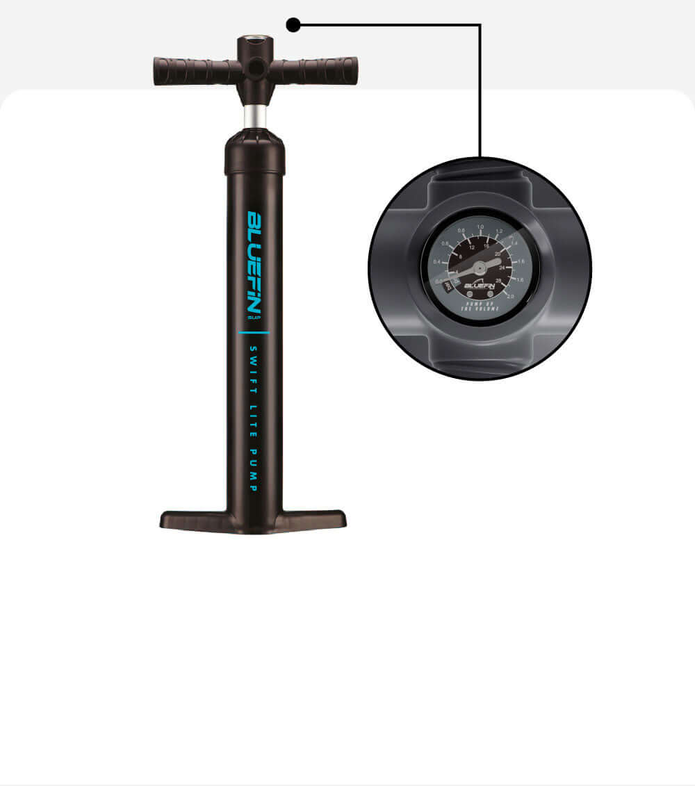 Black hand pump with a pressure gauge, labeled 'SWIFT LITE PUMP', for inflating equipment.