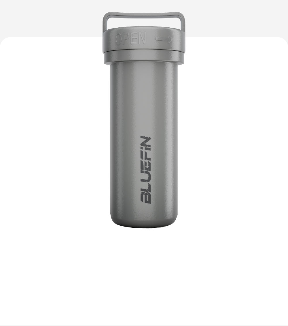 Gray waterproof container with an open lid and a handle, featuring the Bluefin logo.