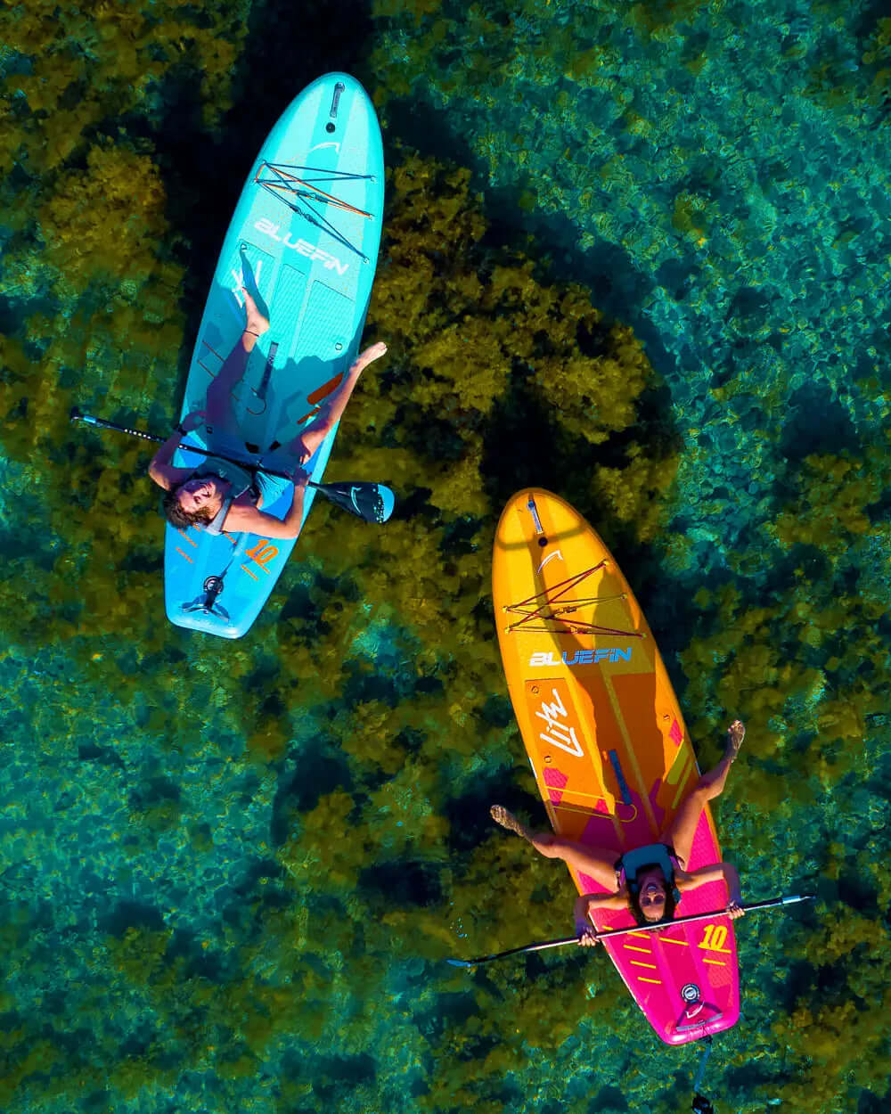 Two paddleboarders on colorful boards above clear water with seaweed, one in blue and one in orange.