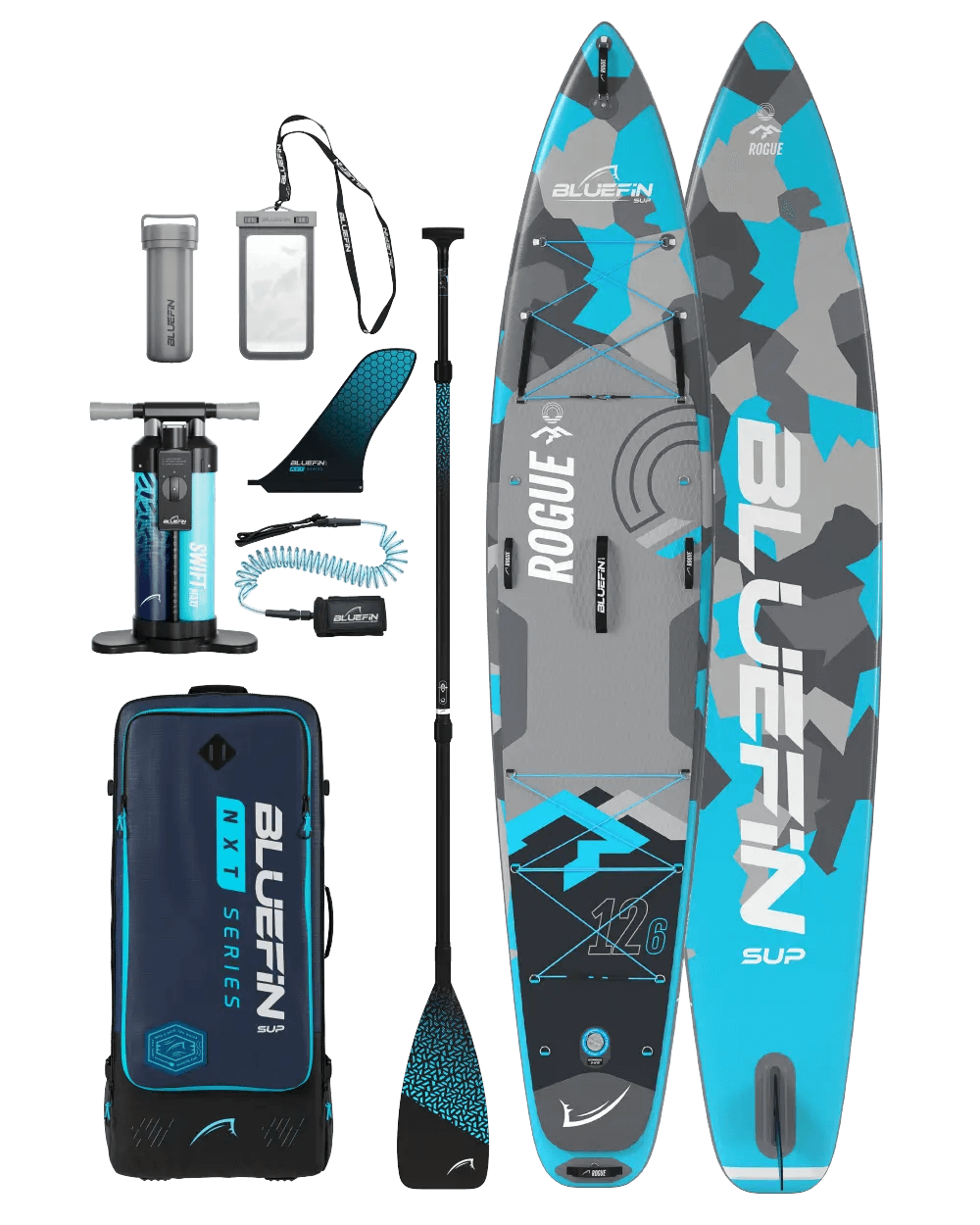 Inflatable paddleboard with blue and gray camo design, paddle, pump, fin, and carrying bag.
