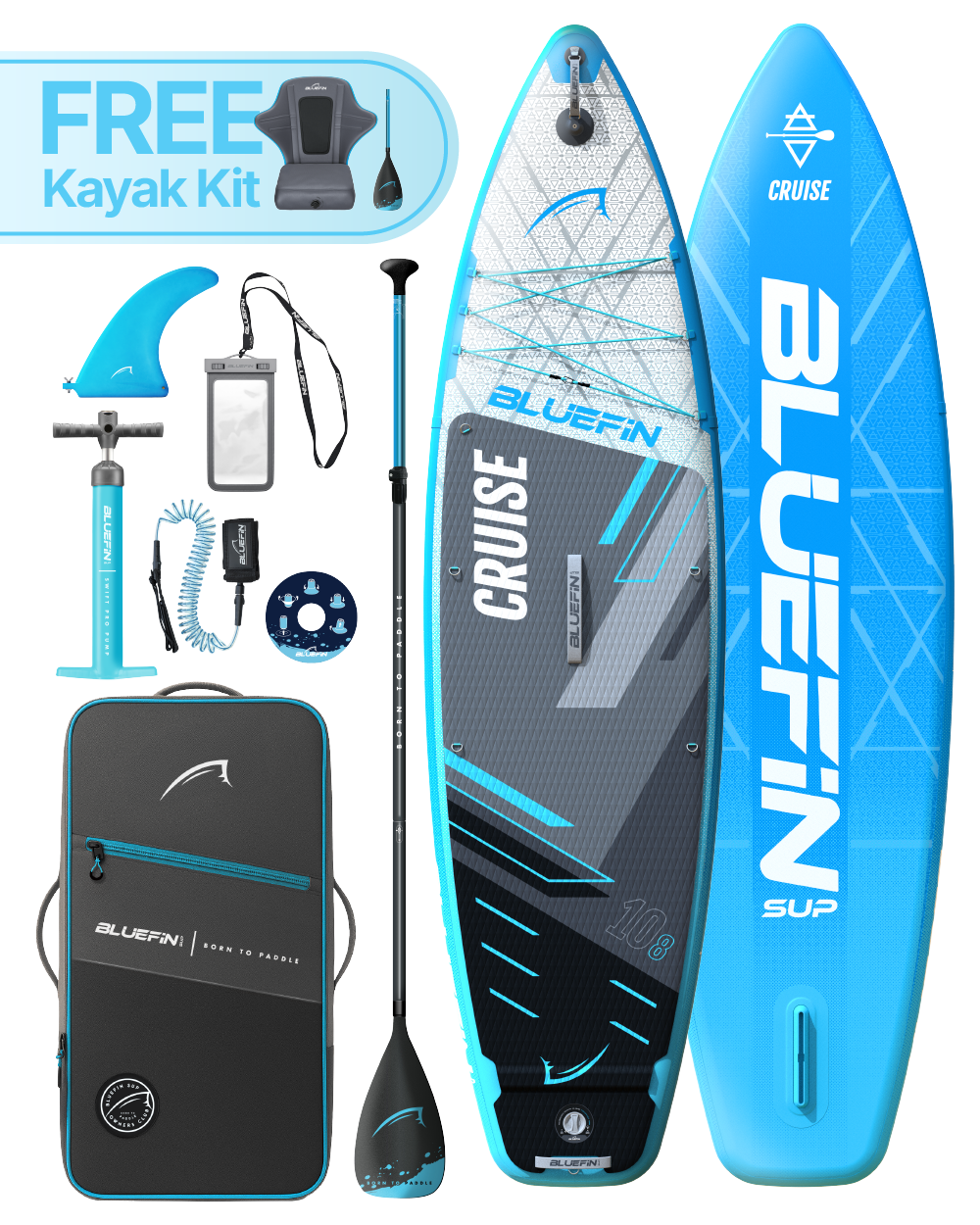 Inflatable paddleboard with blue and gray design, kayak kit, paddle, pump, and accessories included.