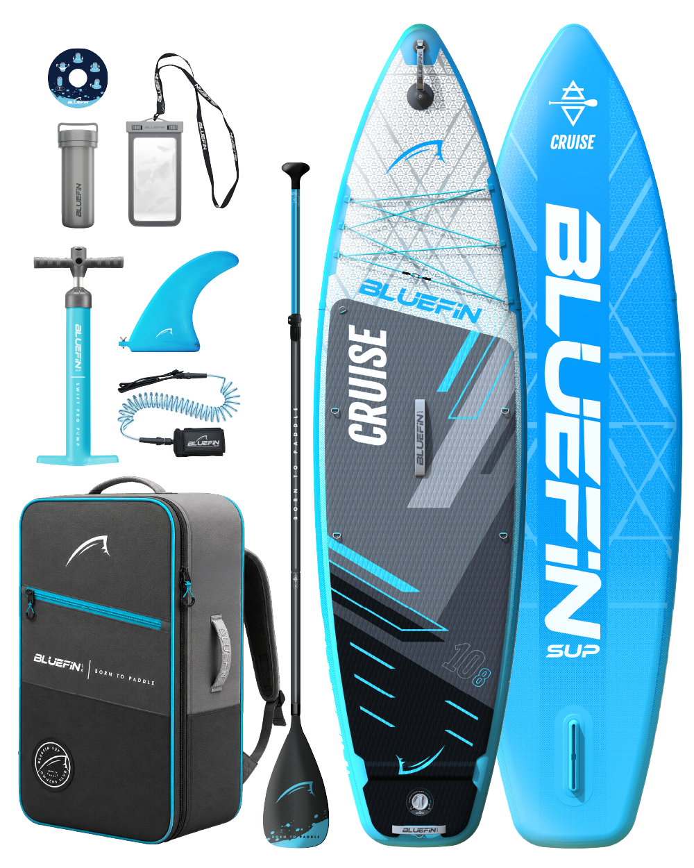 Inflatable paddleboard kit including board, paddle, fin, pump, backpack, and accessories in blue and gray.
