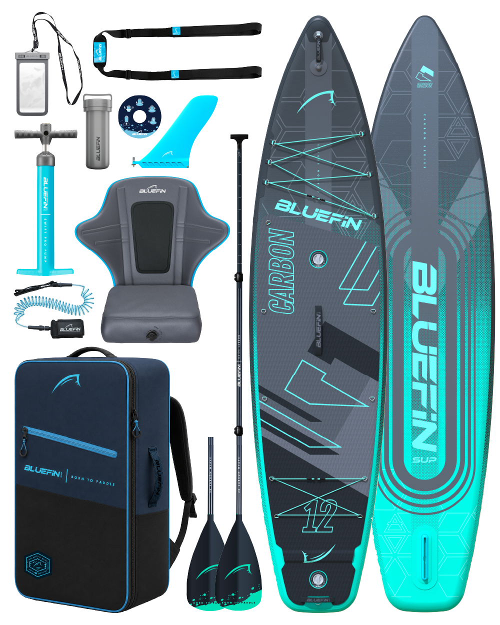 Inflatable paddleboard with accessories including paddles, pump, seat, and carrying bag in blue and gray.