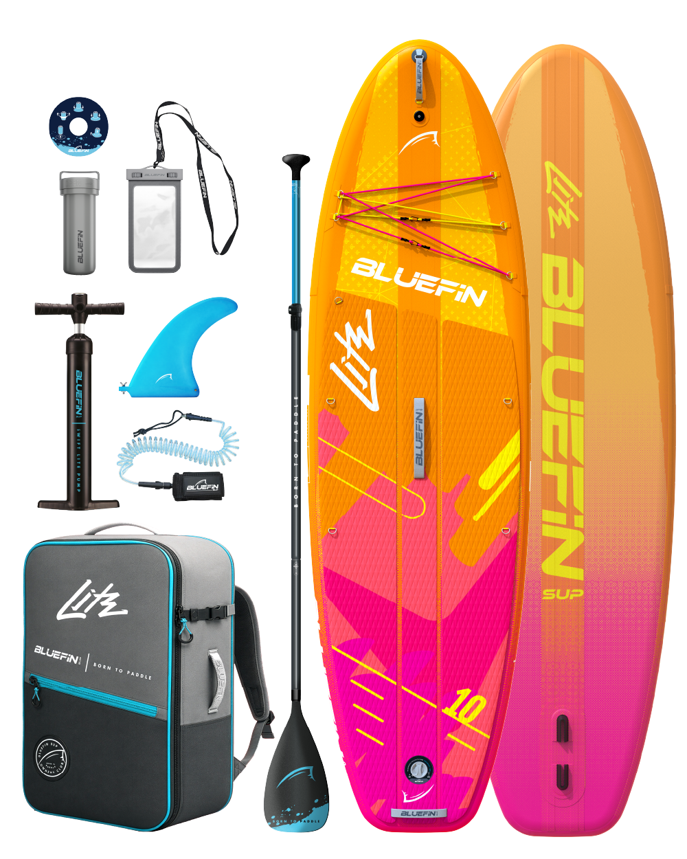 Inflatable paddleboard with orange and pink design, paddle, pump, fin, backpack, and accessories.