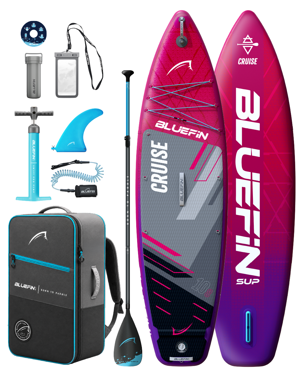 Inflatable paddleboard kit with pump, paddle, fin, backpack, and accessories in pink and blue colors.