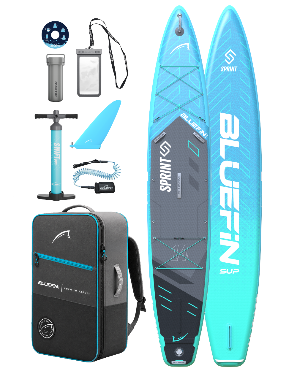 Inflatable paddleboard with blue and gray design, pump, fin, backpack, and accessories for travel.