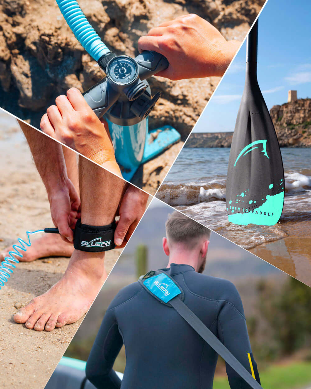 Hands using a pump, feet with ankle leash, paddle with logo, person in wetsuit by water