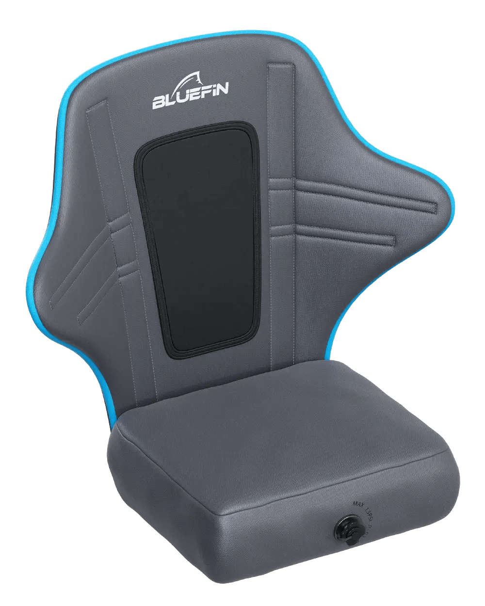 Gray padded seat with blue trim, backrest, and adjustable strap for support