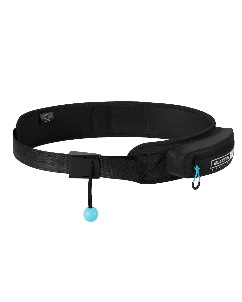 Black waist belt with adjustable strap, quick-release buckle, and blue ball attachment.