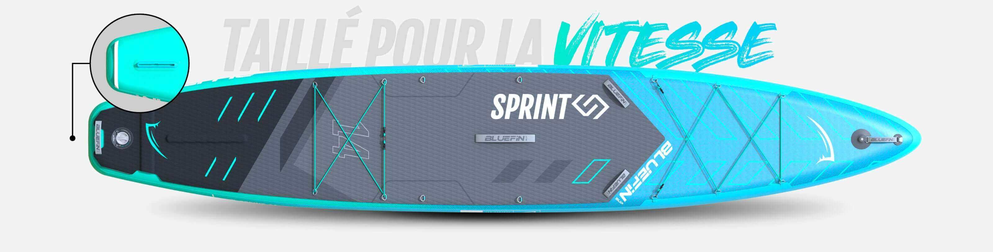 Inflatable paddleboard in turquoise with textured deck, center fin, and bungee storage system