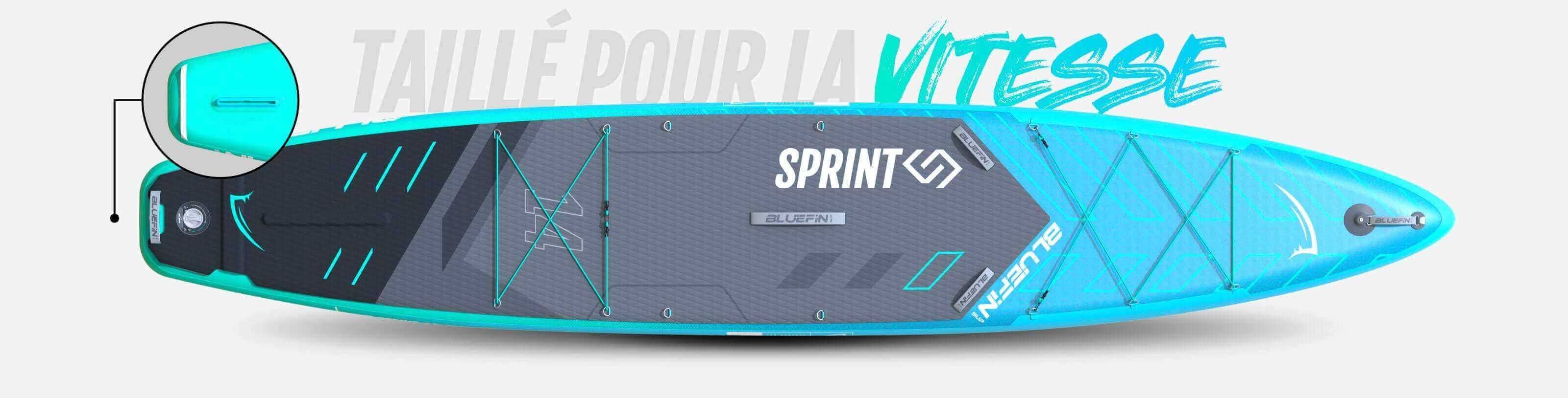 Inflatable paddleboard in turquoise with textured deck, center fin, and bungee storage system