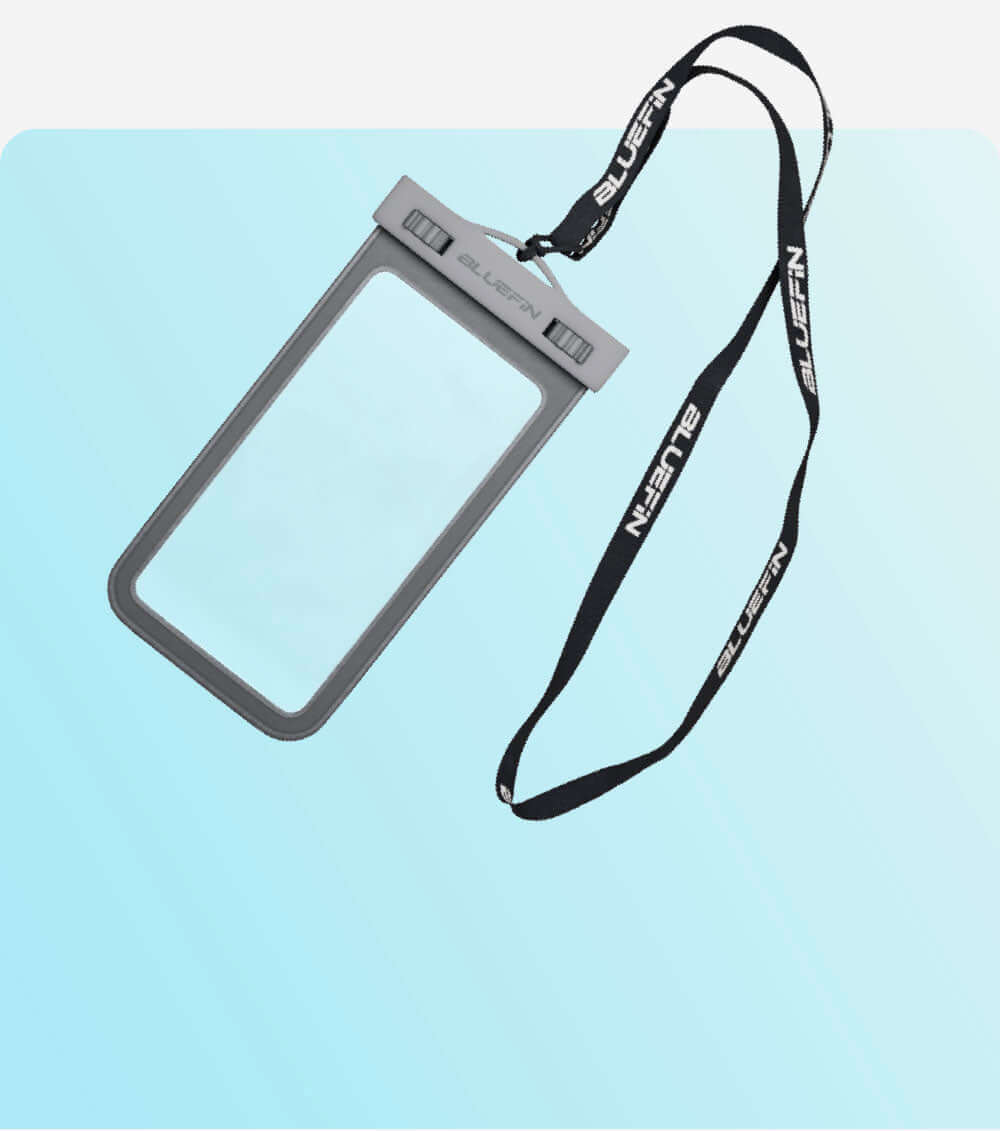 Clear waterproof phone case with gray edges and a black lanyard, suitable for outdoor activities.