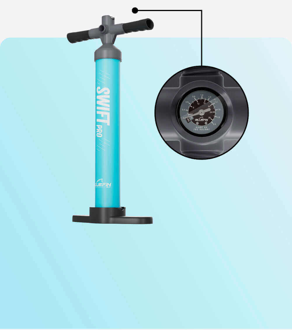 Bluefin SWIFT PRO hand pump in turquoise with pressure gauge and black base for inflating paddleboards.