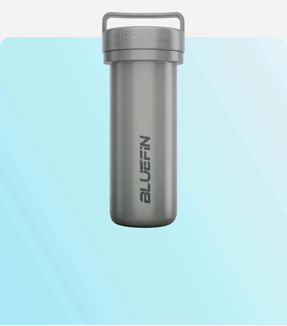 Gray waterproof container with an open lid, featuring the Bluefin logo on the side.