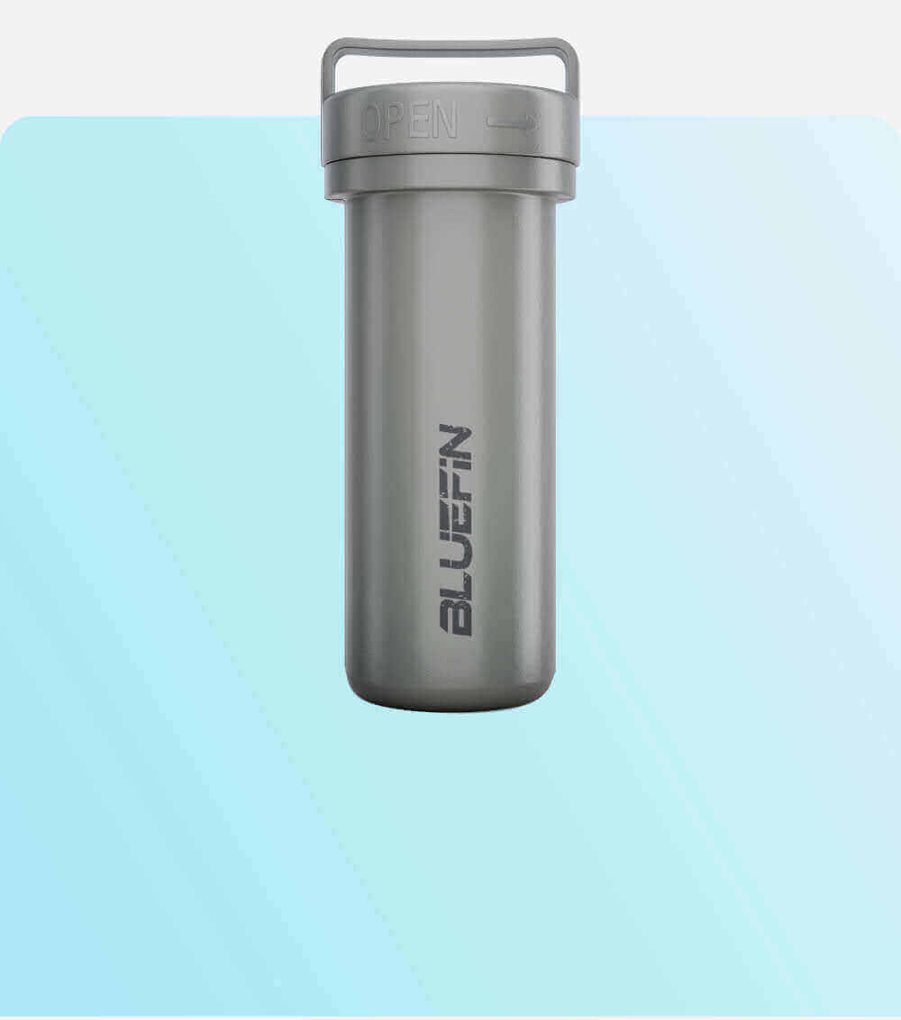 Gray waterproof container with an open lid, featuring the Bluefin logo on the side.