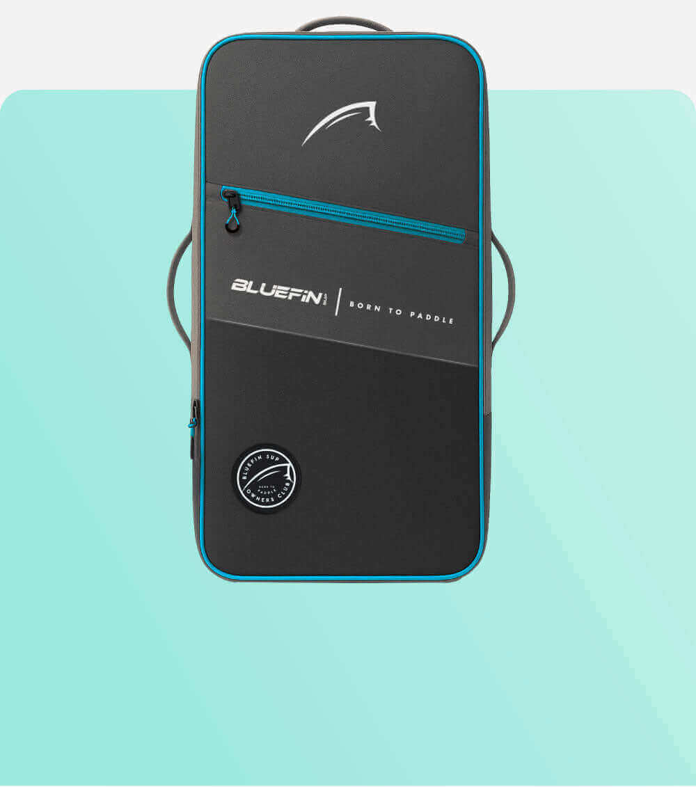 Black and blue backpack with zipper, logo, and handle for carrying gear.