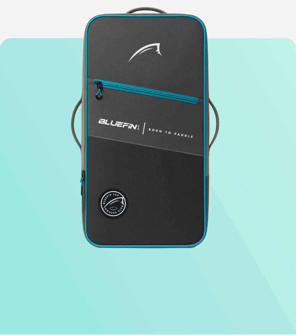 Black and blue backpack with zipper, logo, and handle for carrying gear.