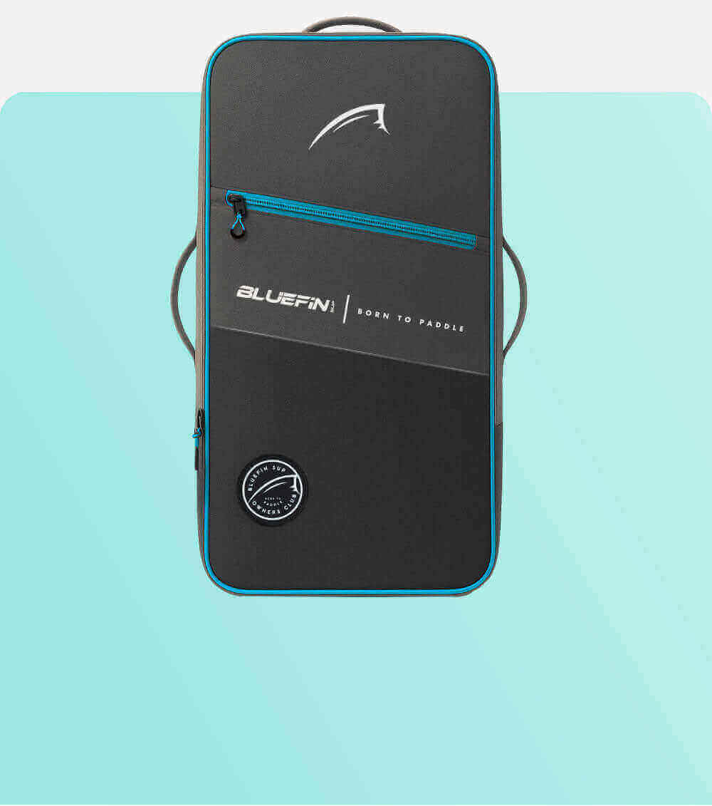 Black and blue backpack with zipper, logo, and handle for carrying gear.