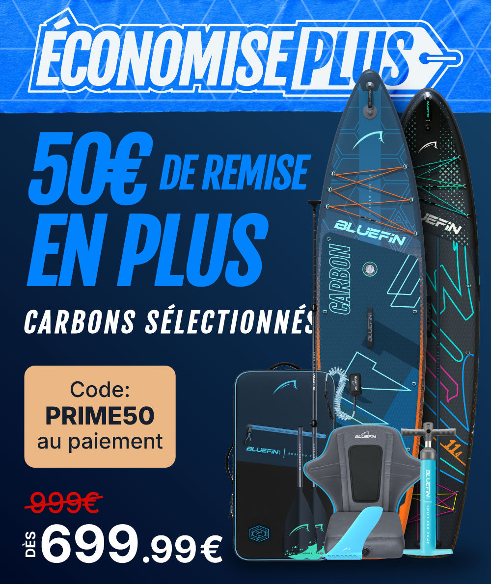 Promotional image for Bluefin paddleboards, showing price, discount, and included accessories.