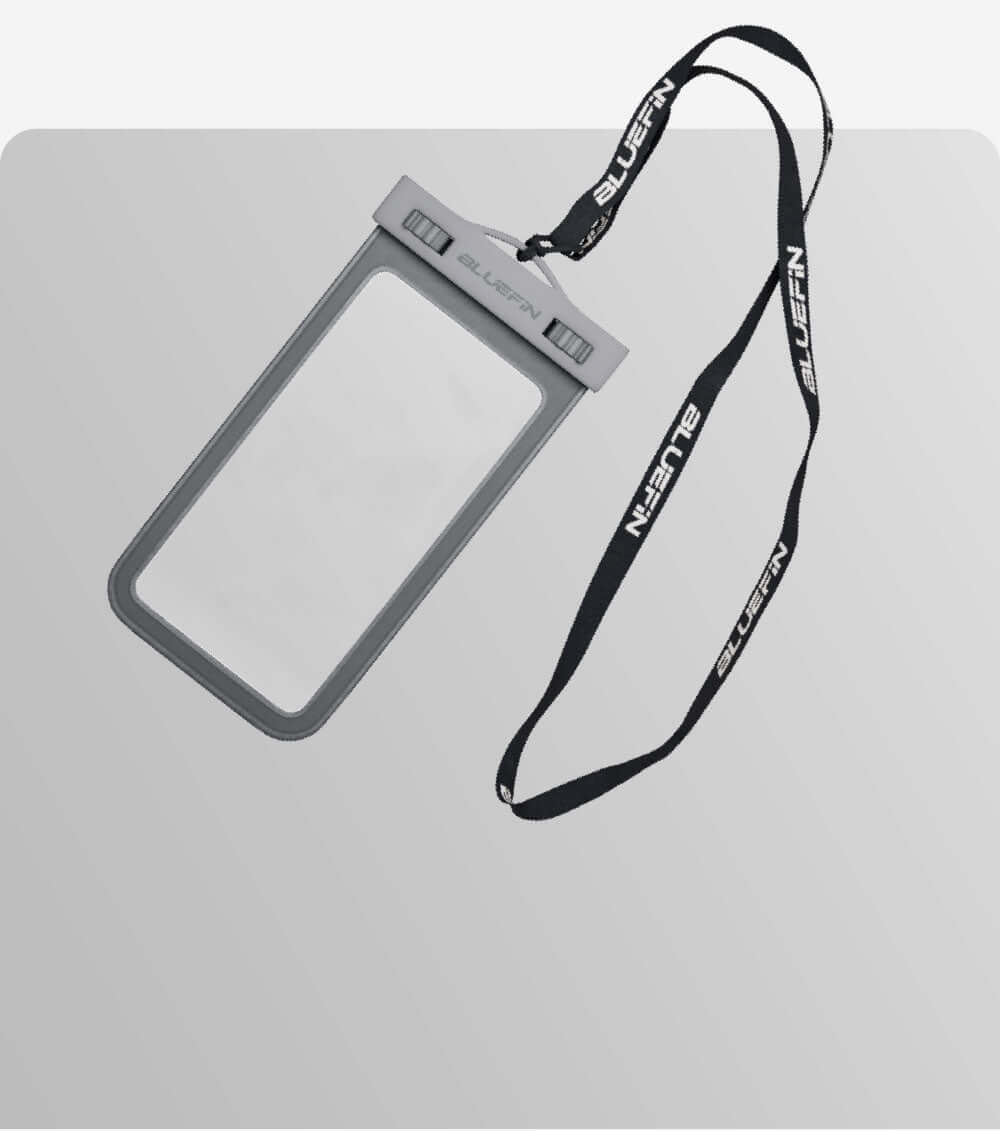 Clear waterproof phone case with gray edges and adjustable lanyard for secure carrying