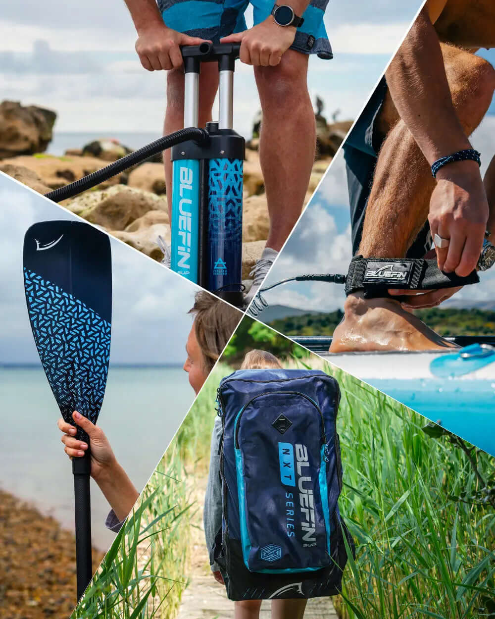 Collage of Bluefin SUP products: pump, paddle, leash, and backpack by water.