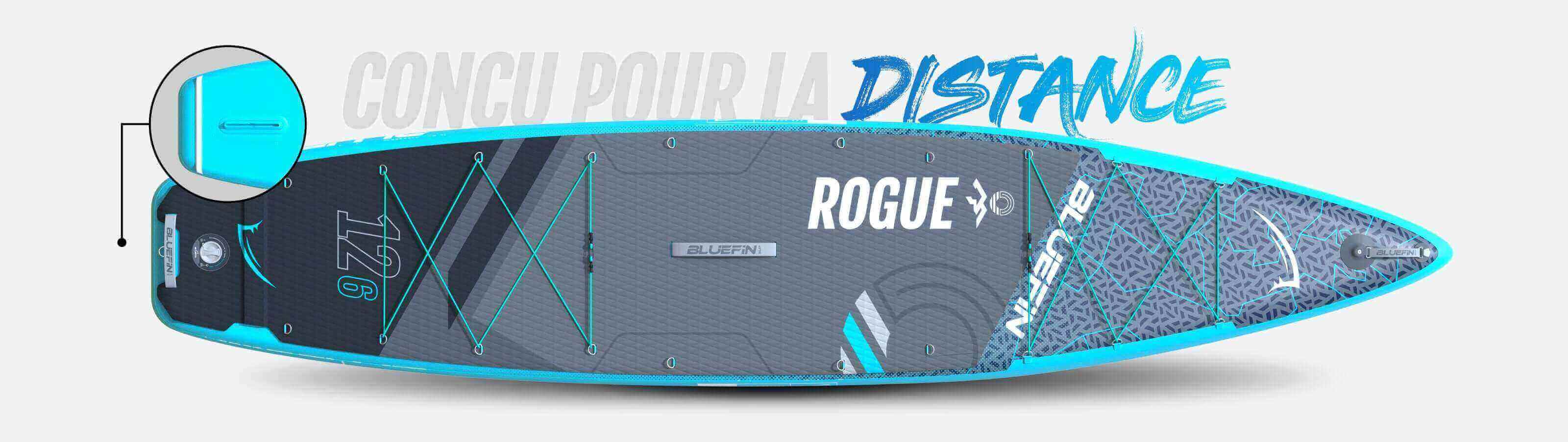 Inflatable paddleboard with blue accents, textured deck, center fin, and bungee storage system.